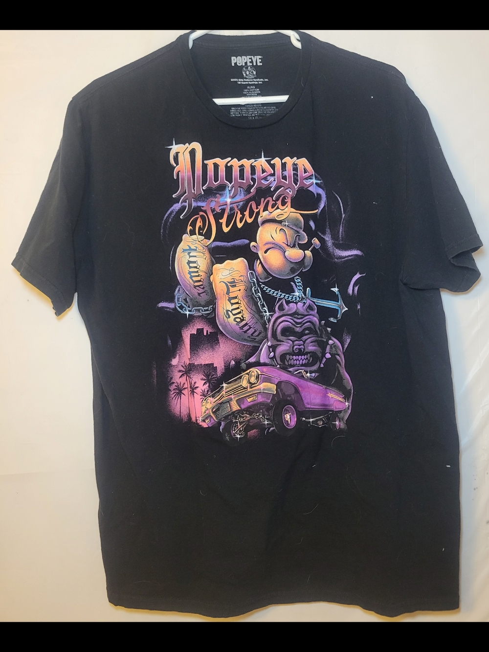 Popeye Strong Black Graphic Tee with Purple Car Artwork
